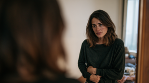 Femme d'une trentaine d'années enfilant un haut ample à manches longues devant un miroir