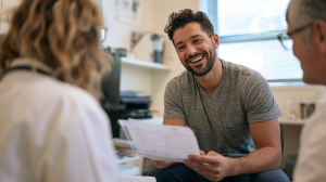 Jeune homme recevant ses résultats d'analyses des mains de son médecin en consultation