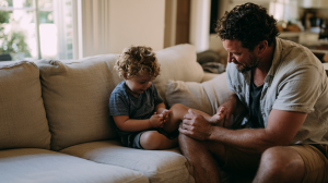 Parent examinant avec douceur la jambe de son jeune enfant assis sur le canapé du salon