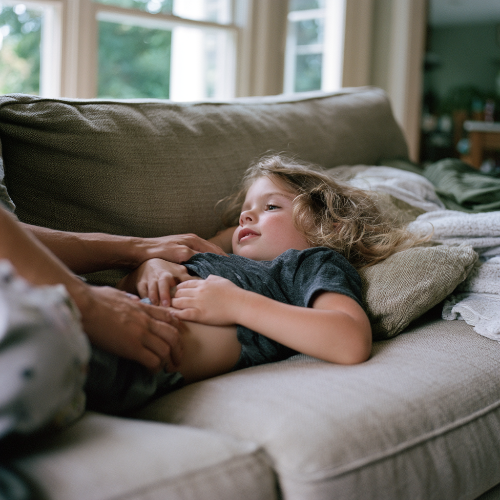 Enfant allongé sur le canapé se tenant le ventre, parent posant une main rassurante
