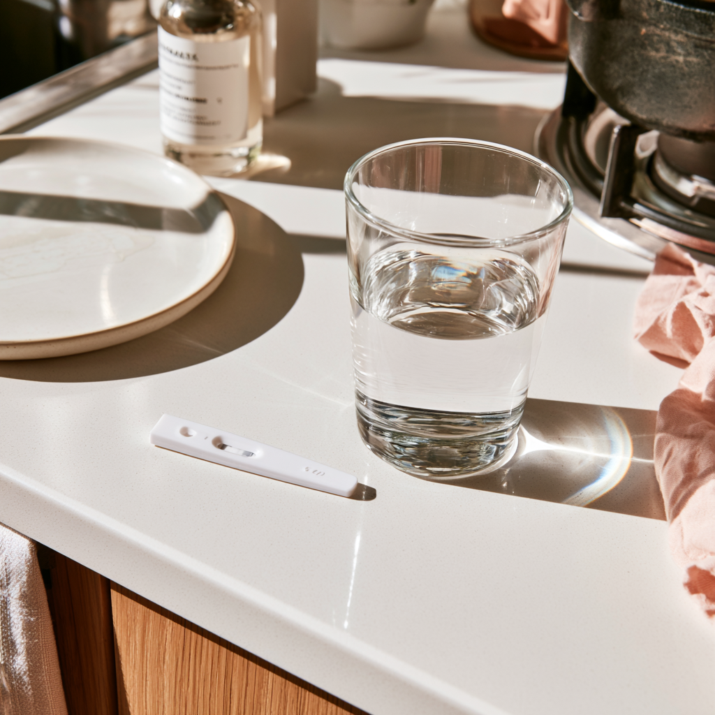 Bandelette urinaire et verre d'eau posés sur un plan de travail clair à la maison