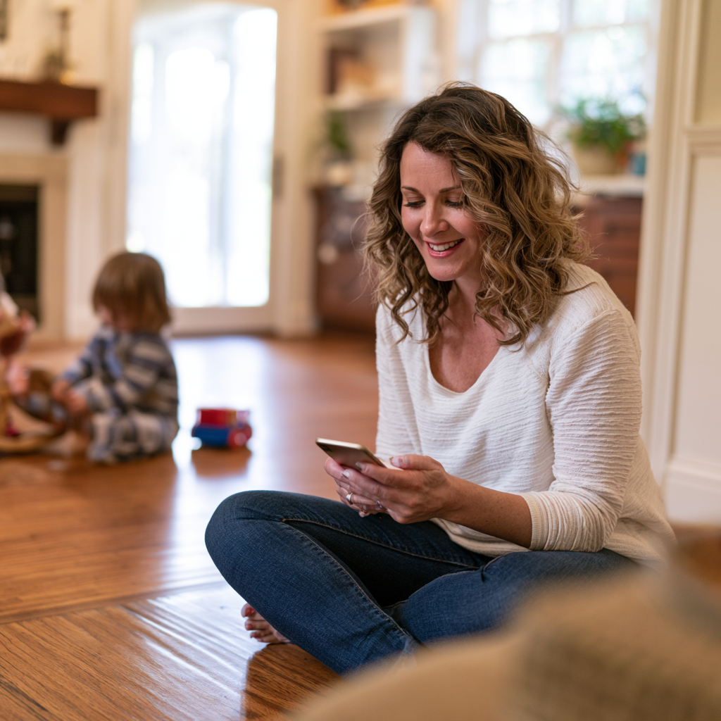 Parent consultant son téléphone à la maison, l'air rassuré, enfant jouant en arrière-plan