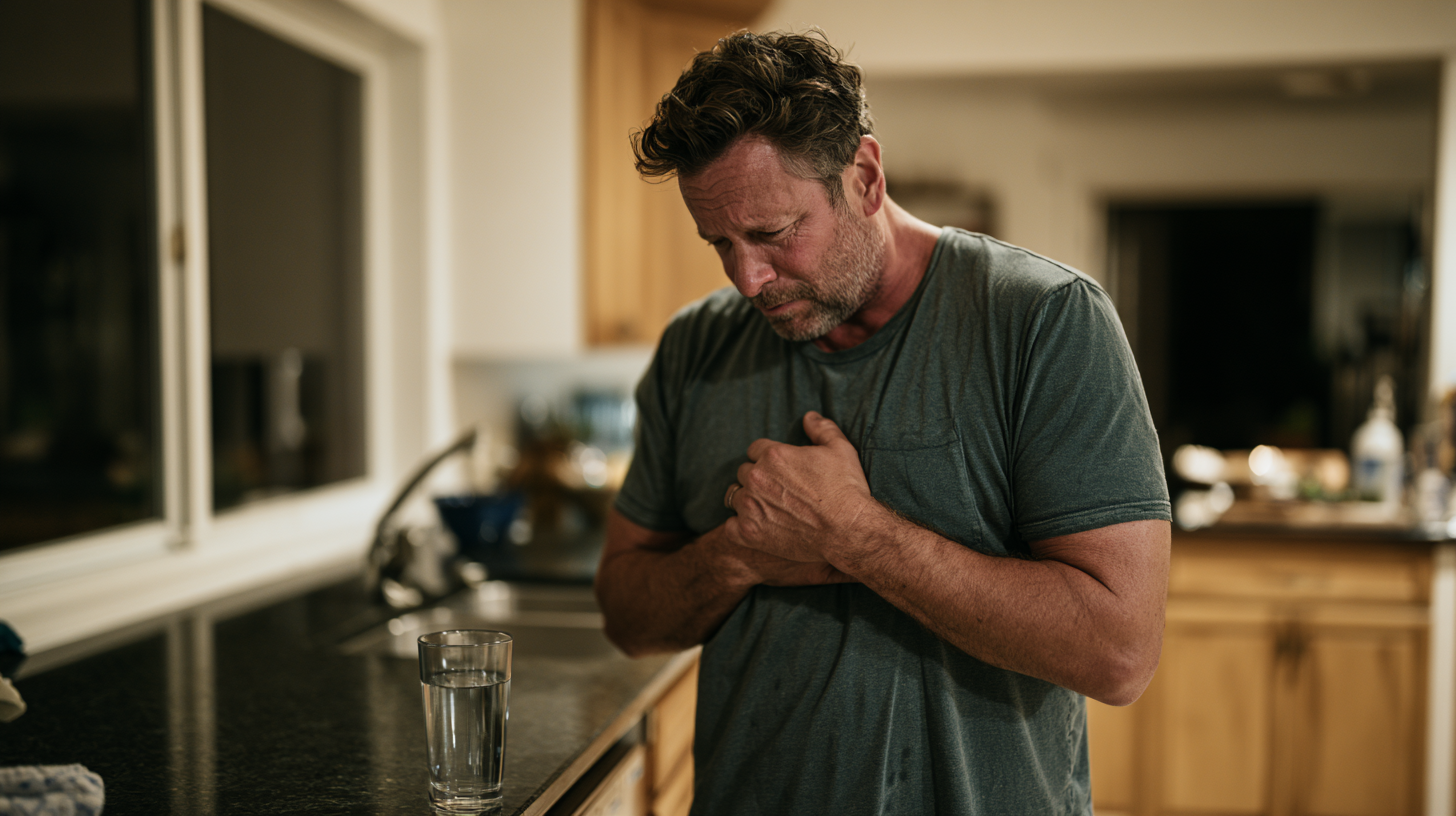 Homme debout la nuit main sur la poitrine crise de reflux
