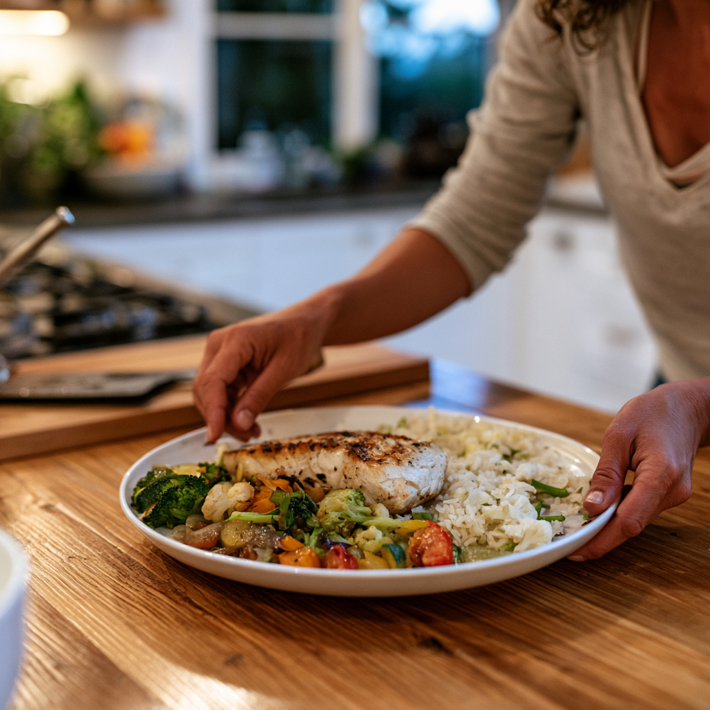 Assiette de poisson maigre légumes cuits et riz le soir