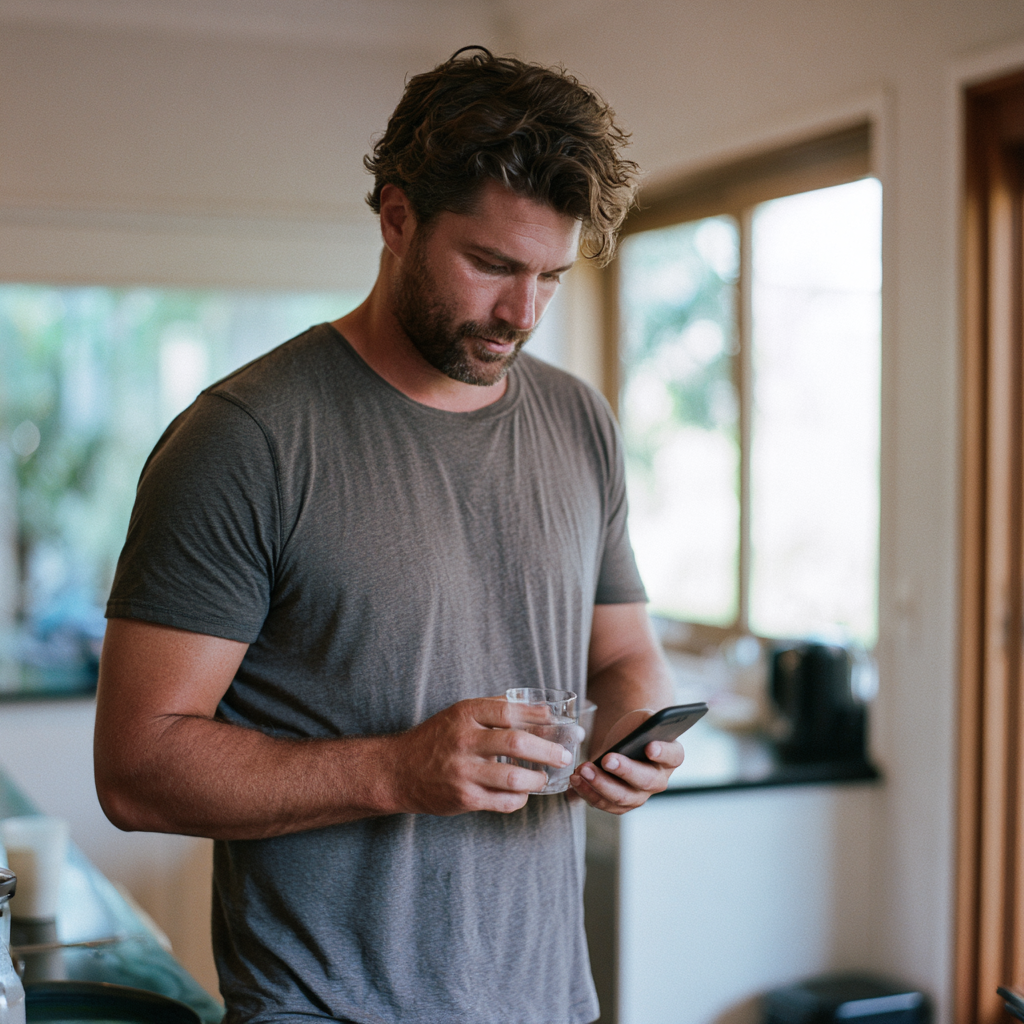 Homme dans sa cuisine consultant son téléphone avec un verre d'eau