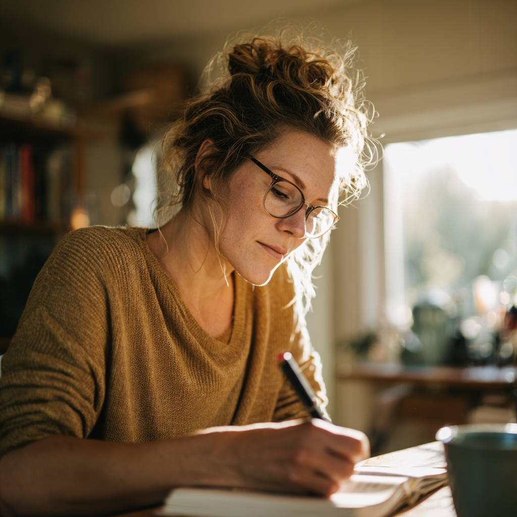 Femme écrivant dans un carnet à son bureau, dans la lumière naturelle du jour
