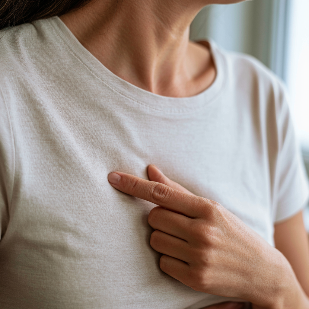 Gros plan sur une main qui palpe le bord du sternum pour localiser la douleur