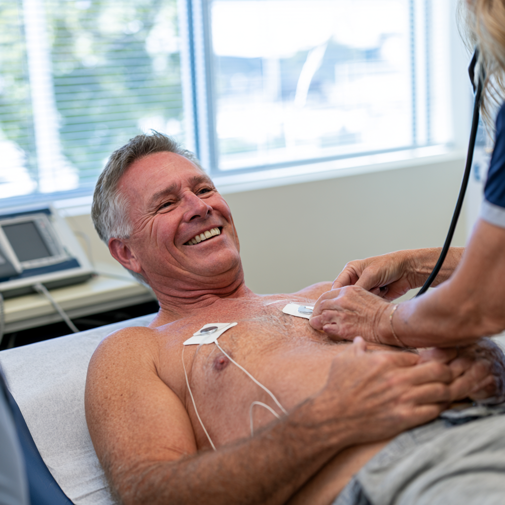 Patient allongé pendant la pose d'électrodes d'électrocardiogramme sur le thorax
