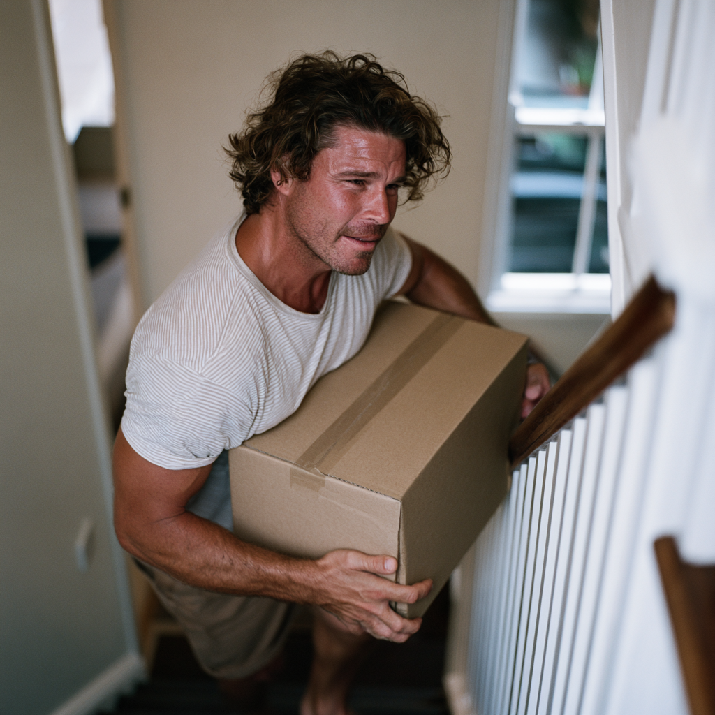 Personne portant un carton lourd contre sa poitrine dans un escalier