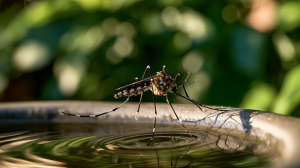 Gros plan d'un moustique tigre rayé posé sur le bord d'une soucoupe d'eau dans un jardin ensoleillé.