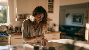Personne prenant un comprimé de vitamine le matin