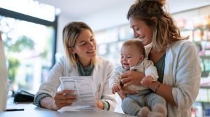 Jeune mère tenant son bébé au comptoir d'une pharmacie pendant un échange sur le calendrier vaccinal