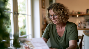 Femme d'une quarantaine d'années lisant la notice de sa pilule contraceptive dans sa cuisine