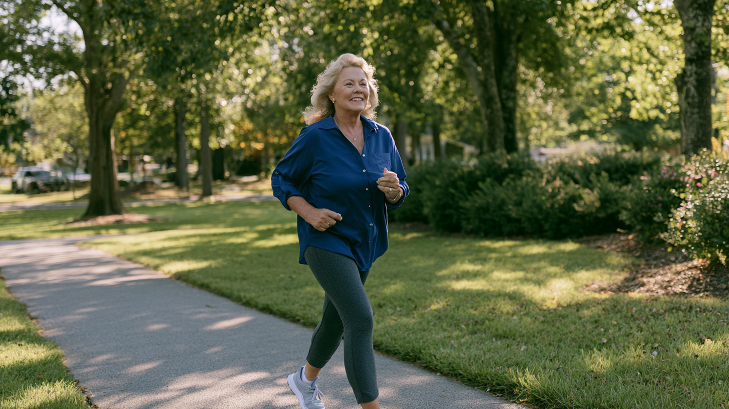 Femme senior marchant d'un bon pas sur un chemin de parc au petit matin