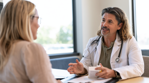 Médecin expliquant une boîte de médicament à une patiente assise en consultation, lumière naturelle
