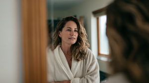 Femme de 45 ans en peignoir devant le miroir de sa salle de bain, attentive à son reflet