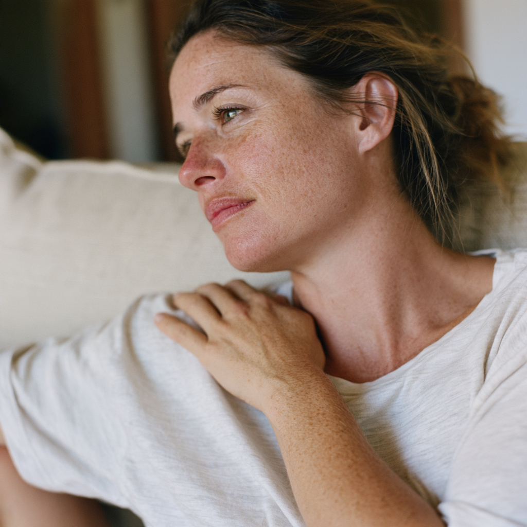 Femme en t-shirt clair, main posée près de la clavicule, expression concentrée