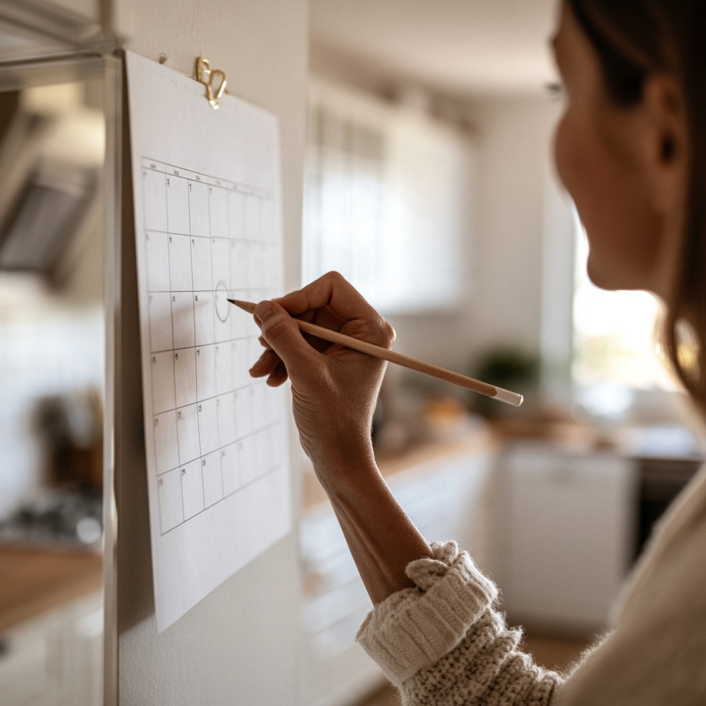 Main marquant une date sur un calendrier mural dans une cuisine lumineuse