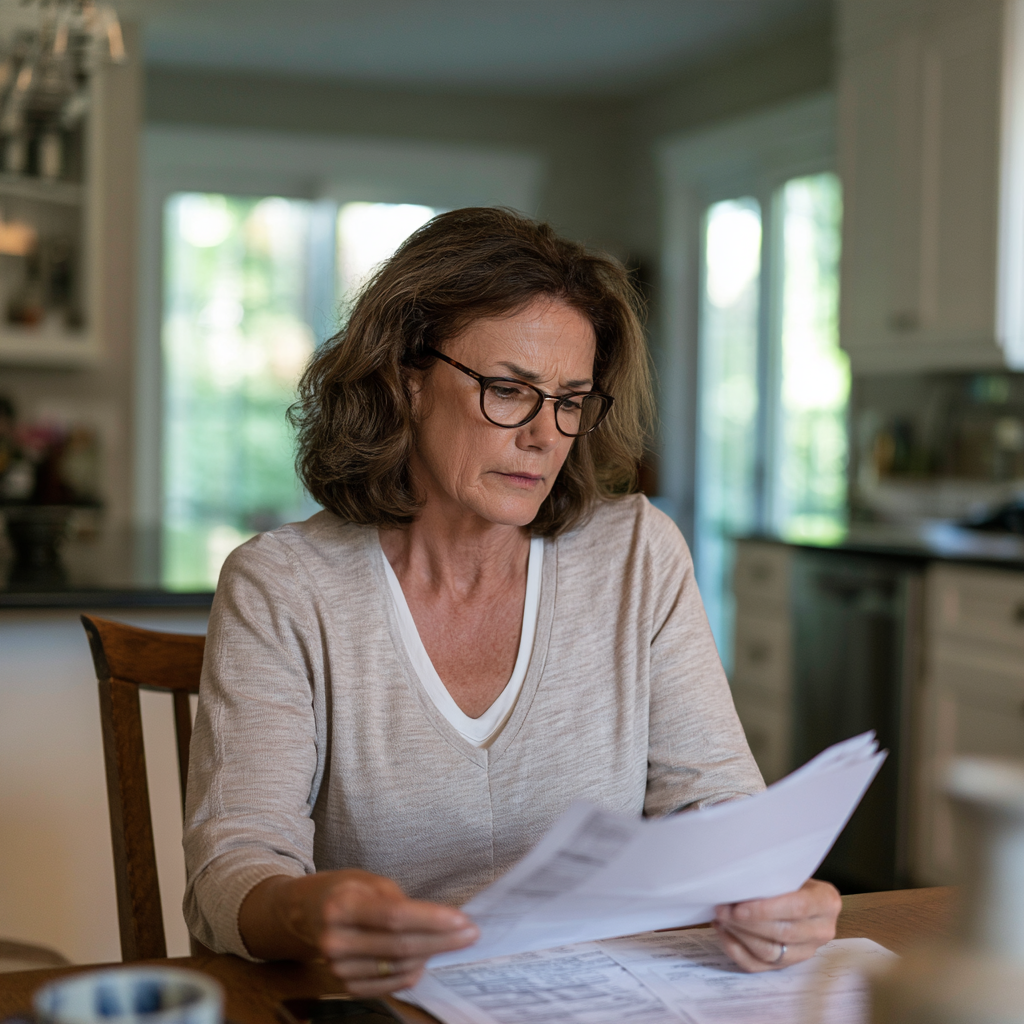 Femme assise à sa table de cuisine lisant un compte rendu d'analyses sanguines