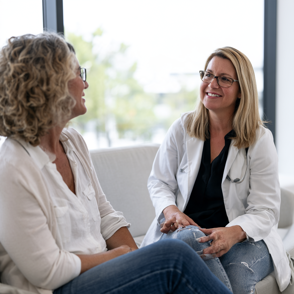 Patiente et médecin en consultation, échange calme dans un cabinet lumineux