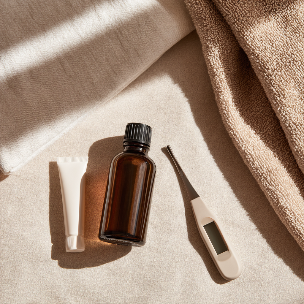 Flacon d'huile de soin, crème mains et thermomètre posés sur une étagère de salle de bain