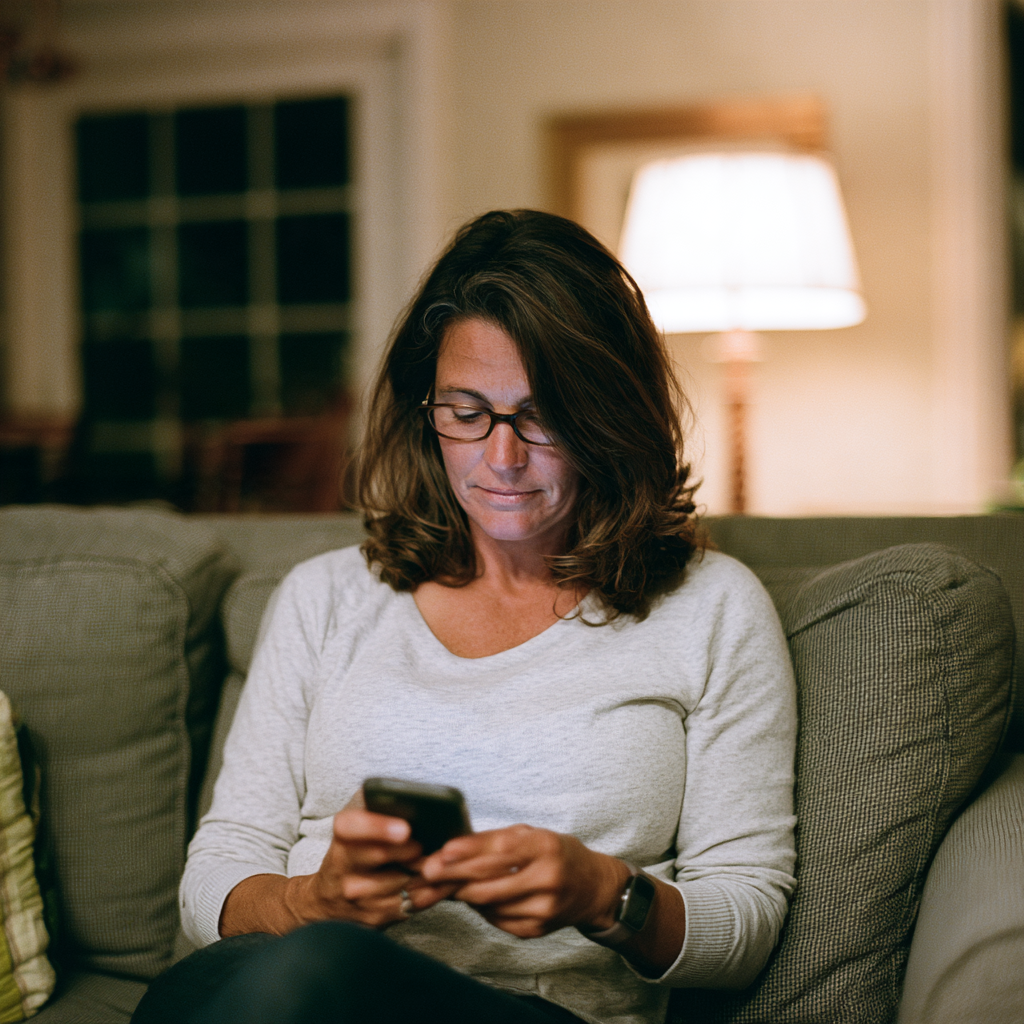 Femme assise dans son salon, téléphone à la main, expression interrogative