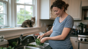 Femme enceinte lavant des légumes frais dans sa cuisine, chat assis derrière elle
