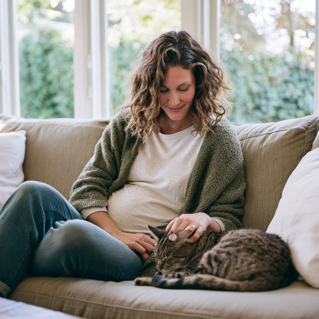 Femme enceinte caressant son chat d'intérieur installé sur le canapé