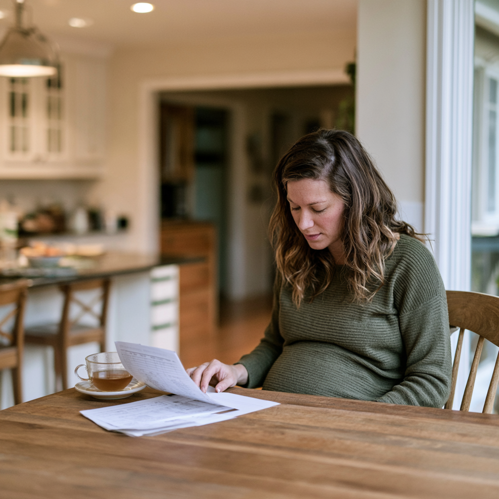 Femme enceinte lisant ses résultats d'analyses assise à la table de la cuisine