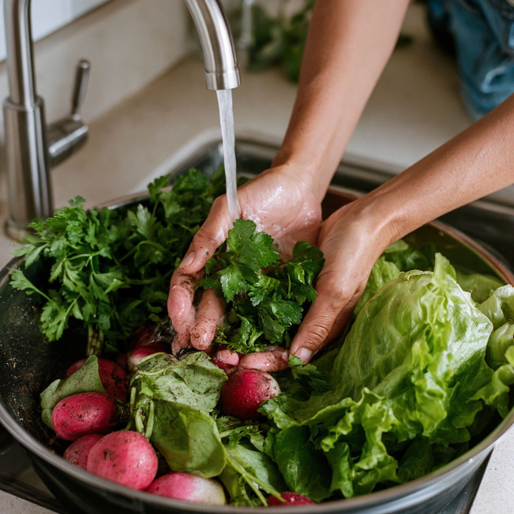 Mains lavant abondamment des herbes aromatiques et des légumes terreux sous l'eau