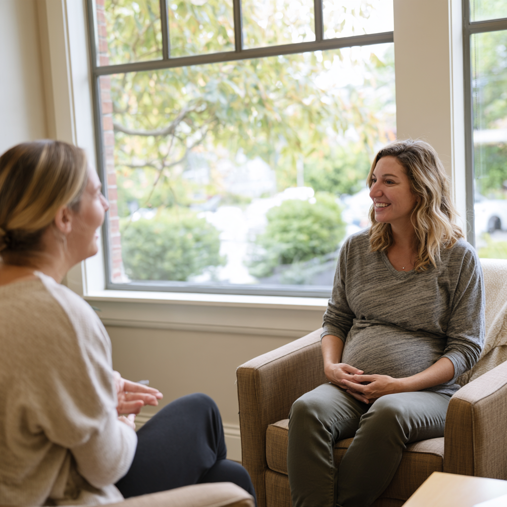Femme enceinte en consultation de suivi avec une sage-femme