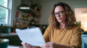 Femme assise à une table de cuisine ouvrant une enveloppe blanche à la lumière du matin