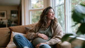 bronchiolite: Femme enceinte au troisième trimestre assise dans un salon lumineux, une main sur son ventre