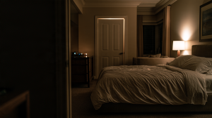 Chambre sombre la nuit avec plusieurs petites LED de veille allumées sur un meuble