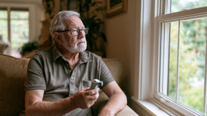 Homme d'une soixantaine d'années assis près d'une fenêtre, tenant un dispositif d'inhalation