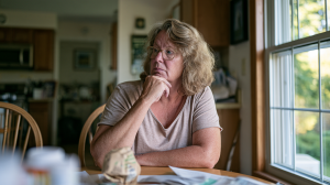 Femme d'une cinquantaine d'années assise à sa table de cuisine, regardant un sachet de pharmacie
