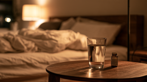 Table de nuit éclairée par une lampe chaude, avec un verre d'eau et un petit flacon de complément