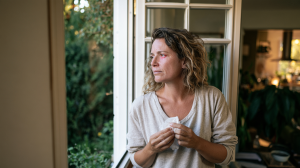 Femme d'une quarantaine d'années près d'une fenêtre ouverte, mouchoir à la main, yeux rouges