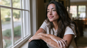 Jeune femme atteinte de vitiligo sur les mains et les avant-bras, assise près d'une fenêtre