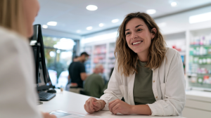 Jeune femme échangeant avec un pharmacien au comptoir d'une pharmacie lumineuse