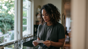 Femme d'une trentaine d'années regardant une plaquette de comprimés entamée dans sa cuisine