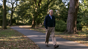 Homme d'une soixantaine d'années marchant tranquillement sur une allée de parc en automne