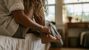 Personne assise au bord de son lit qui examine la plante de son pied à la lumière du jour