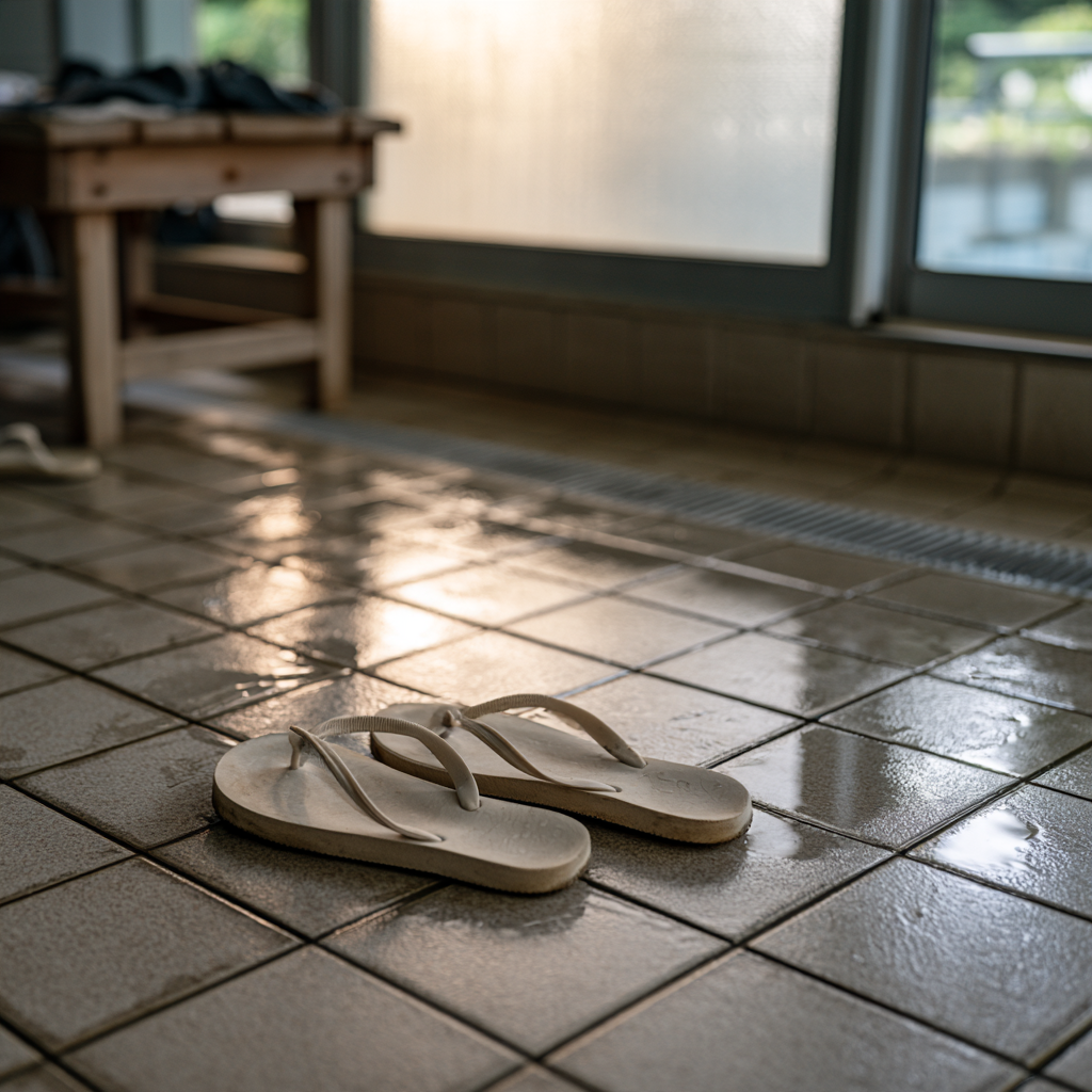 Paire de claquettes posée sur le sol humide d'un vestiaire de piscine éclairé par la lumière du jour