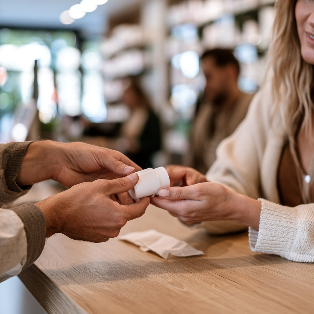 Mains posant un petit flacon blanc sans marque visible sur un comptoir de pharmacie en bois clair