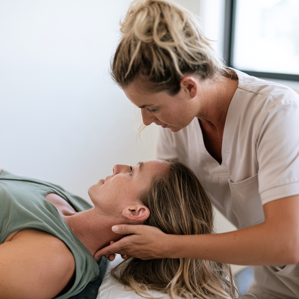 Praticien accompagnant la tête d'un patient allongé sur une table d'examen lors d'une manœuvre de repositionnement
