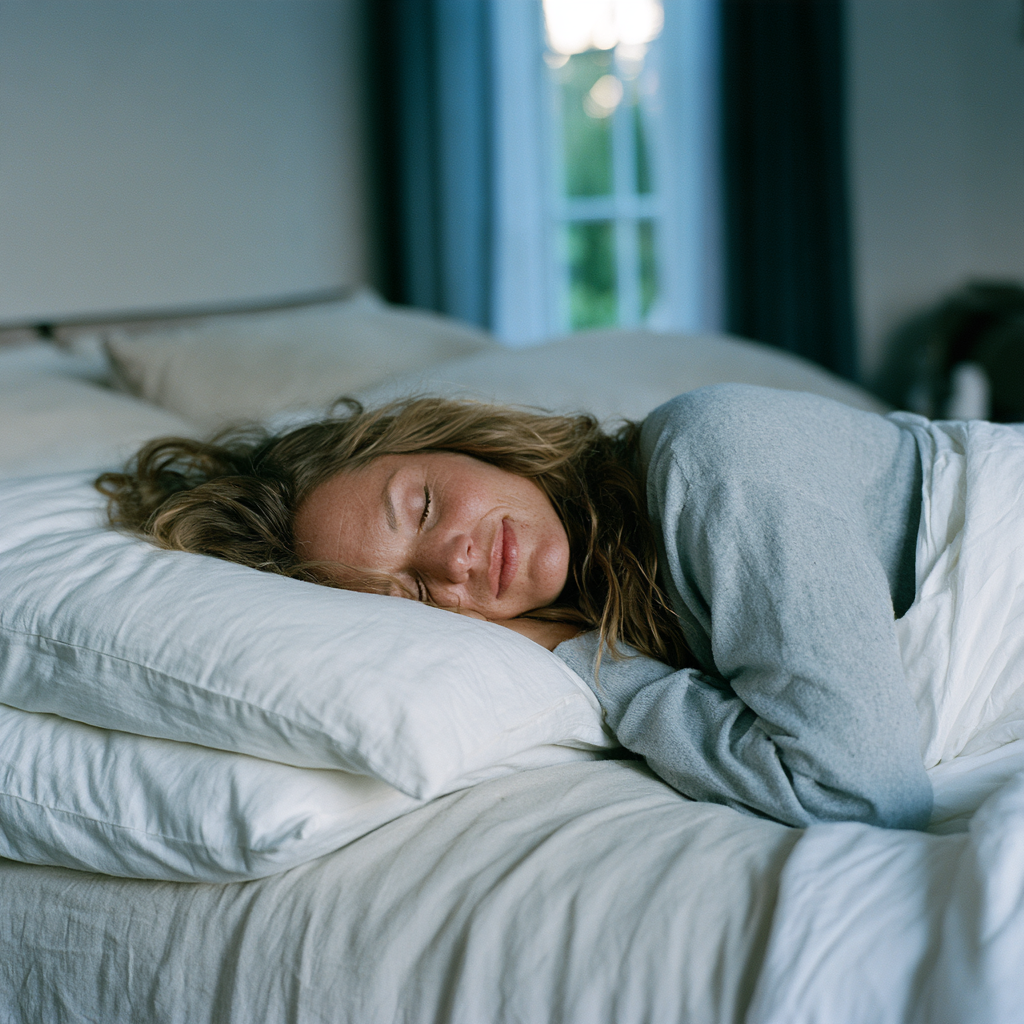 Femme dormant paisiblement la tête légèrement surélevée sur deux oreillers après une manœuvre de repositionnement
