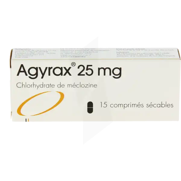 Boîte d'Agyrax comprimés sécables, antihistaminique contre les vertiges et les nausées, Pharmacie Saint Julien