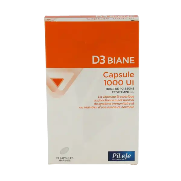 Boîte de Pileje D3 Biane 1000 UI, 30 capsules de vitamine D3 pour le métabolisme du calcium, Pharmacie Saint Julien