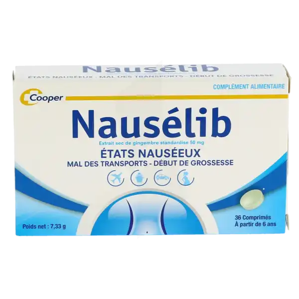 Boîte de Nausélib 36 comprimés à base d'extrait de gingembre pour les états nauséeux, Pharmacie Saint Julien